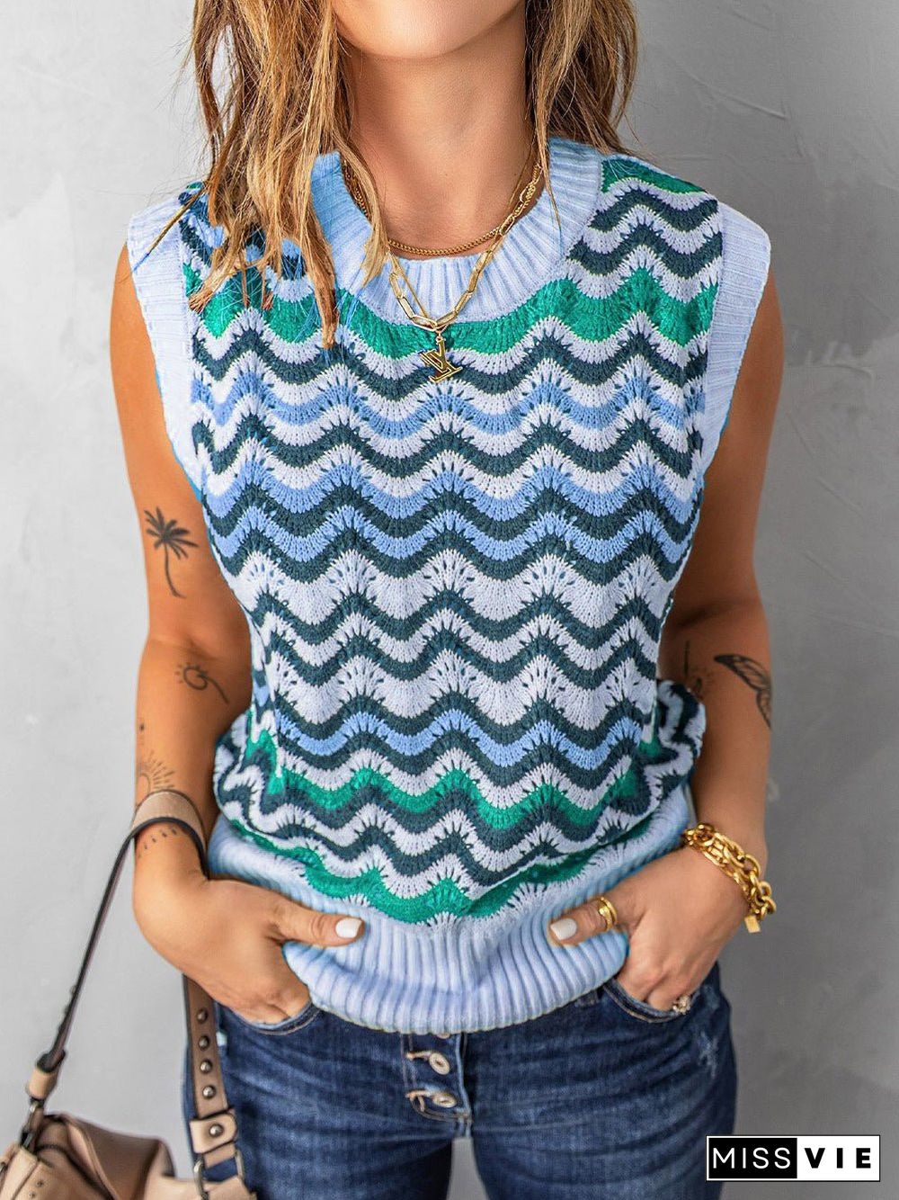 Women'S Tank Tops Wavy Stripe Crewneck Knit Tank Top