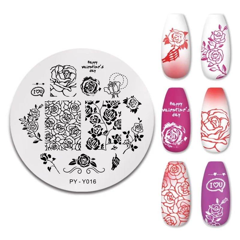 PICT You Valentine's Day Nail Stamping Plates Rose Flower Design Stainless Steel Nail Art Stamp Template Design Stencil Tools-Nail Inspo