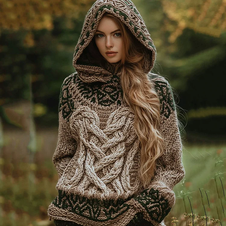 Women's Irish Pattern Jacquard Hooded Sweater