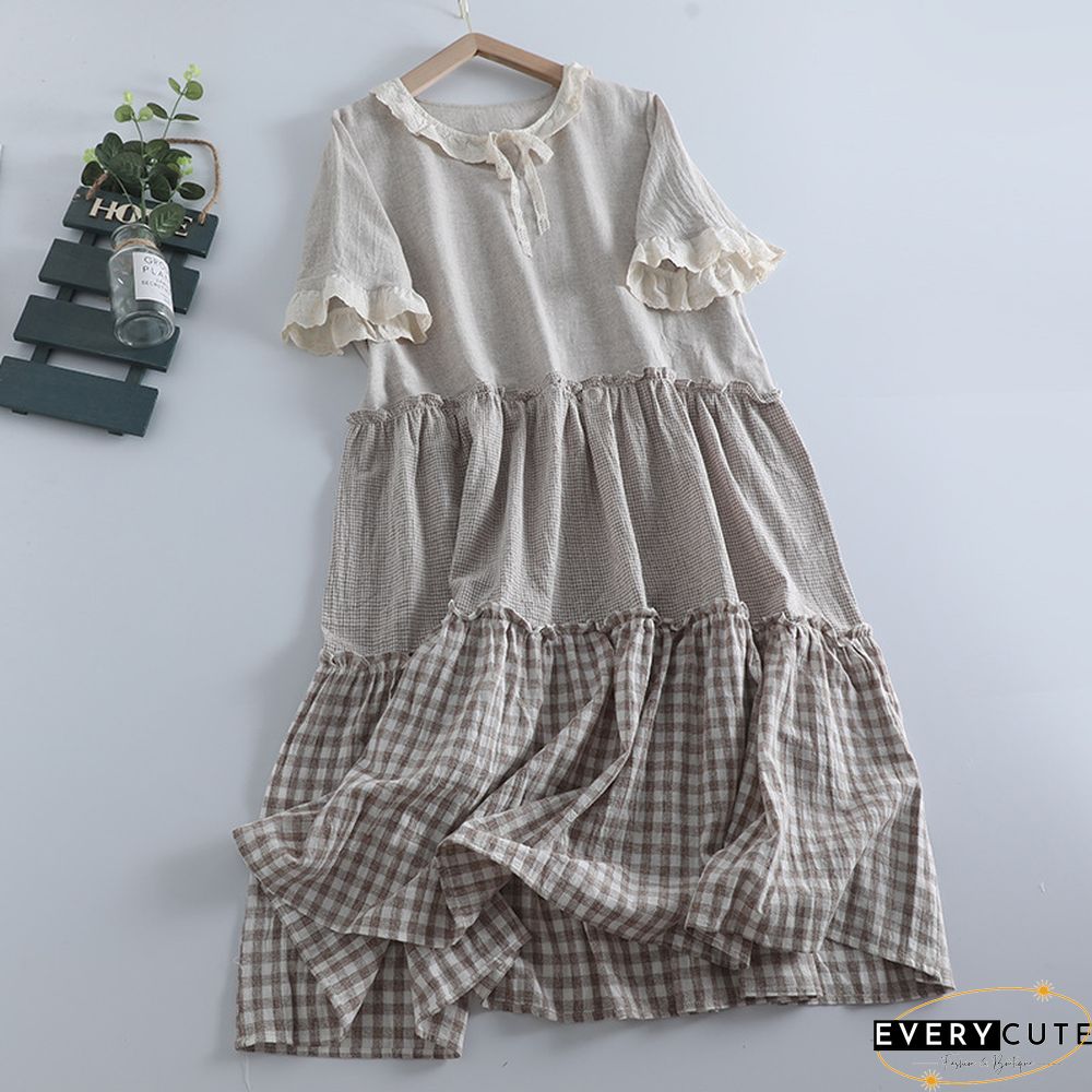 Casual Cotton-Blend Crew Neck Weaving Dress