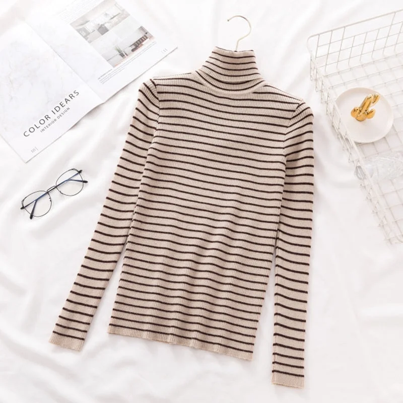 Women Vintage Black and White Striped Knitted Sweater Long Sleeve Turtleneck Slim Warm Casual Pullover 2021 Winter Fashion Tops