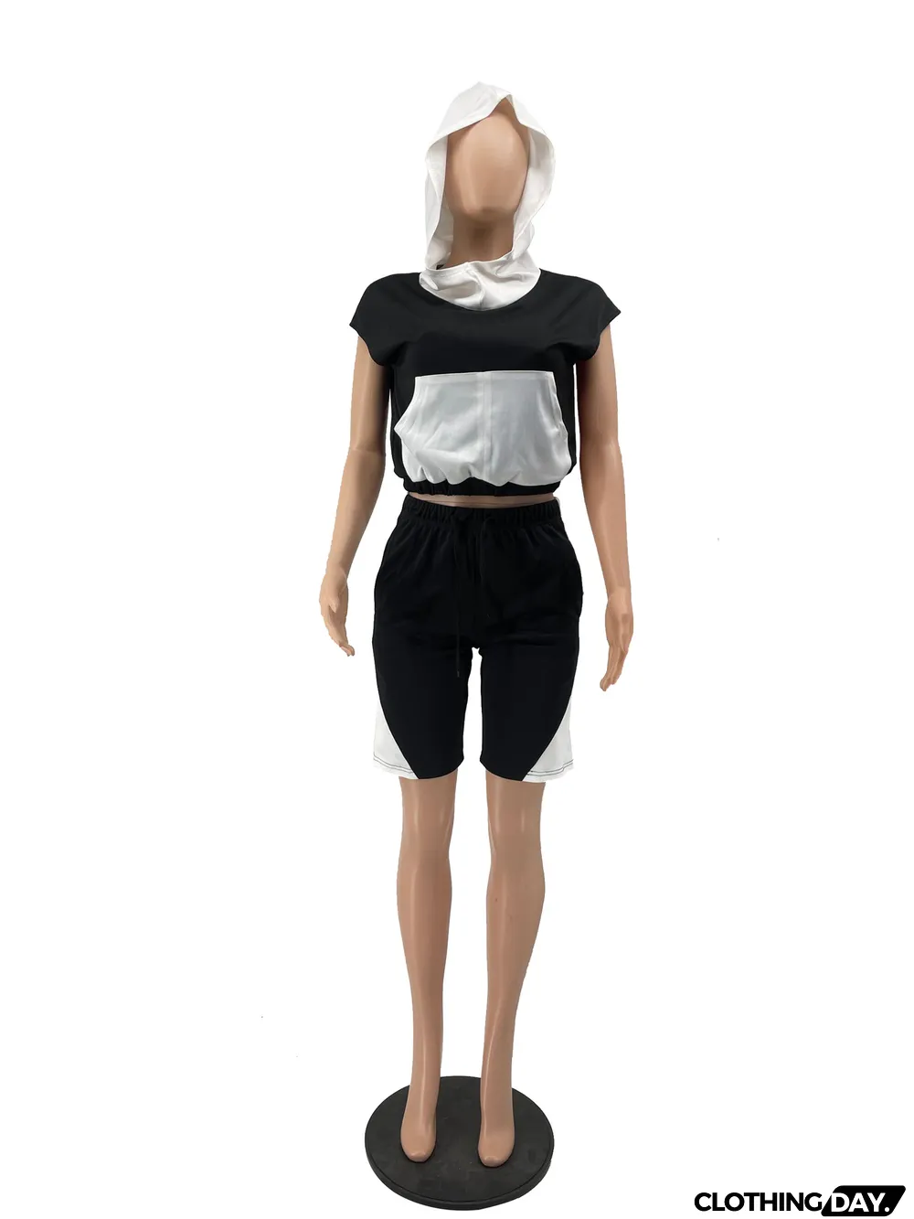 Contrast Color Hooded Sweatshirt Shorts 2 Piece Set