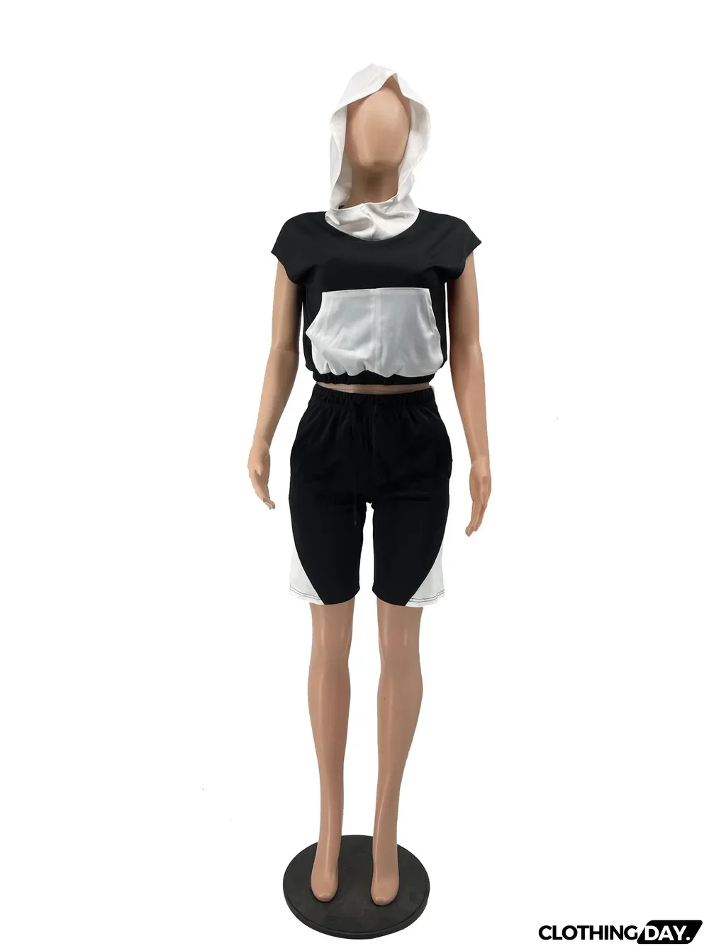 Contrast Color Hooded Sweatshirt Shorts 2 Piece Set