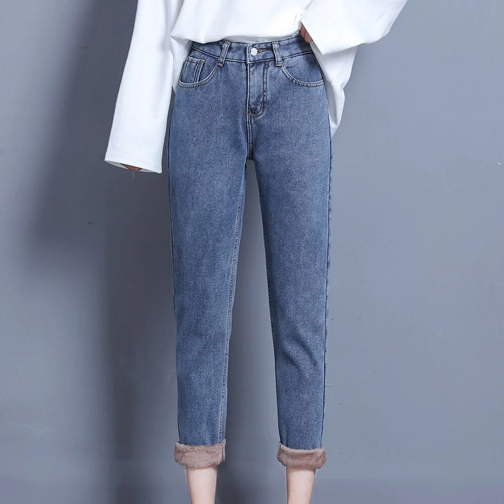 Velvet Jeans Pants For Women Winter Wear Mom Straight Denim Pants With Fleeces Ladies Thick Warm Female Pencil Denim Trousers