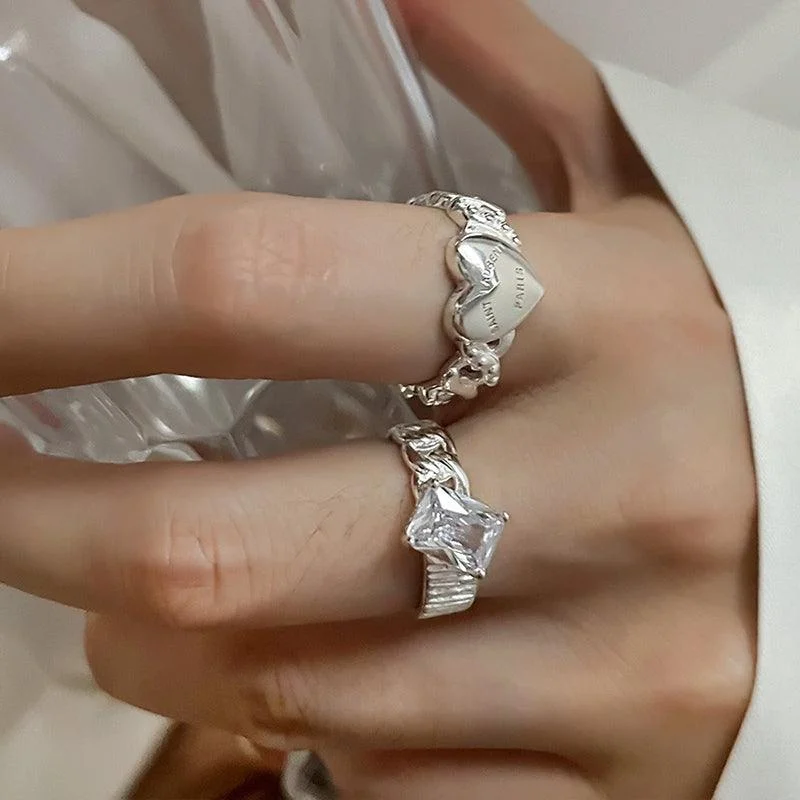 Letter Print Love Heart Diamond Silver Rings