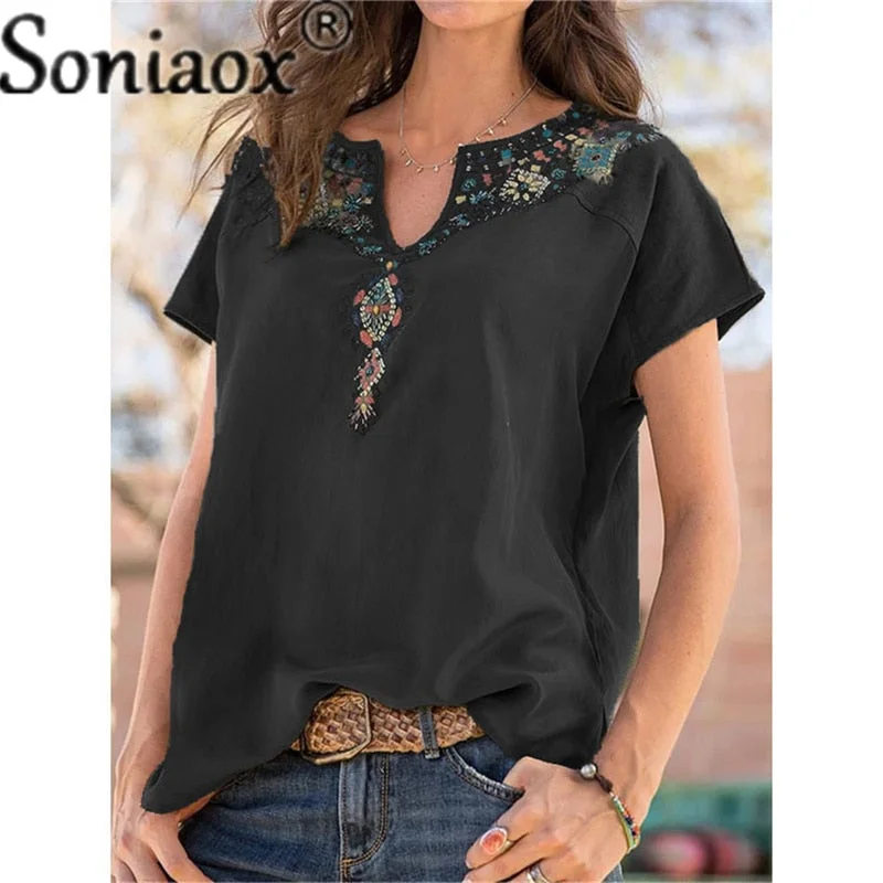 Summer Women Urban Leisure V Neck Print Short Sleeve T-Shirt Ladies Ethnic Style Casual Loose Boho Retro Harajuku Oversized Tops