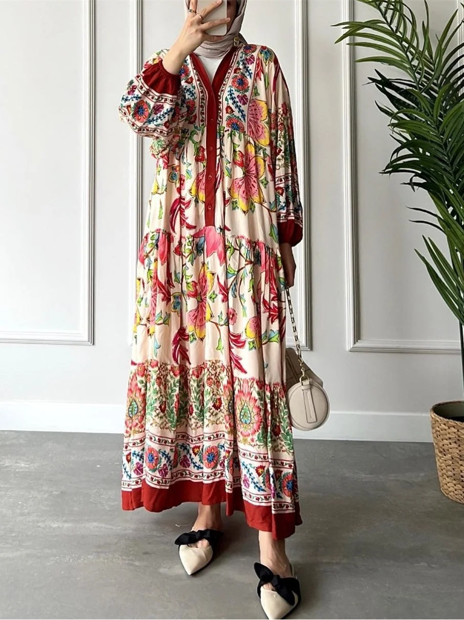 Style & Comfort for Mature Women Women's Long Sleeve V-neck Floral Printed Maxi Dress