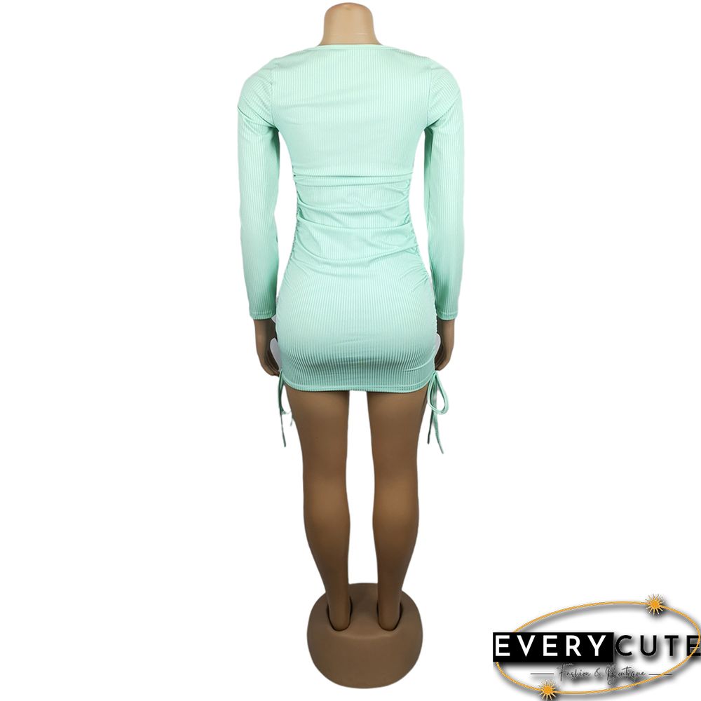 Light Green Square Neck Drawstring Long Sleeve Bodycon Dress