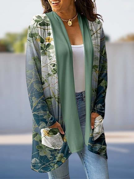 Leaves Pockets Long Sleeves Plus Size Casual Women Cardigan