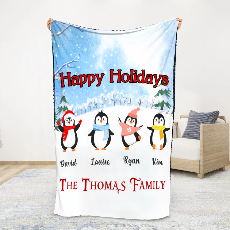 Personalized Happy Holiday Blanket Custom Family Name Penguin Blanket
