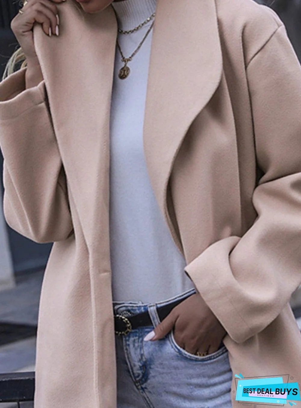 Solid Color Double Pocket Loose Woolen Coat