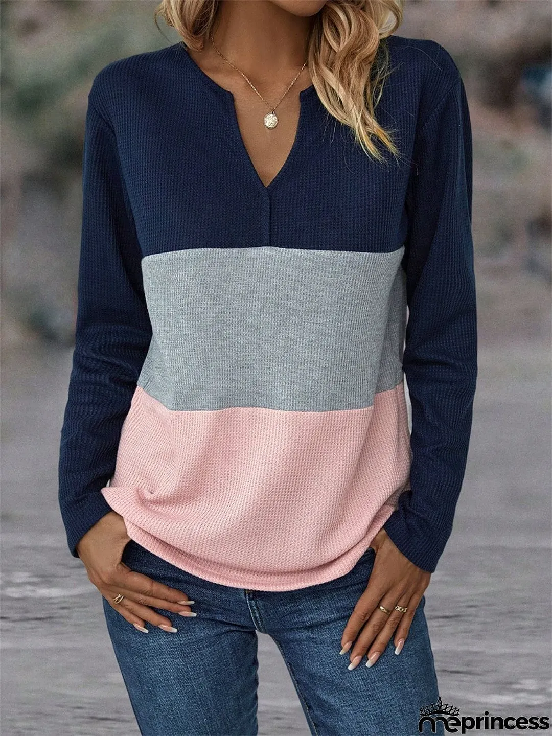 Color Block Notched Neck T-Shirt