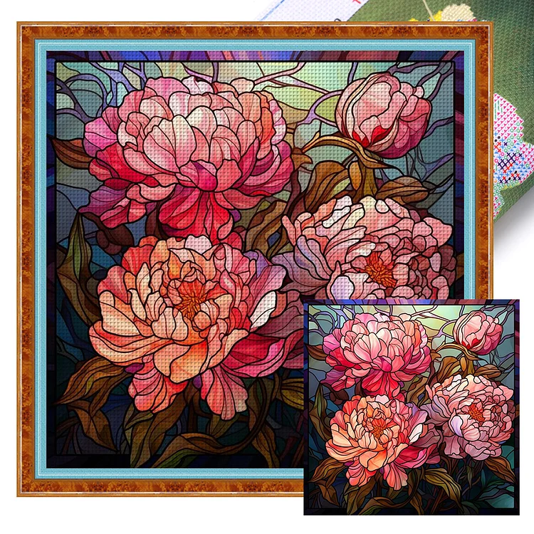 14CT 2 Strands Threads Printed Cross Stitch Kit - Glass Art - Peony Flower - 40*40cm