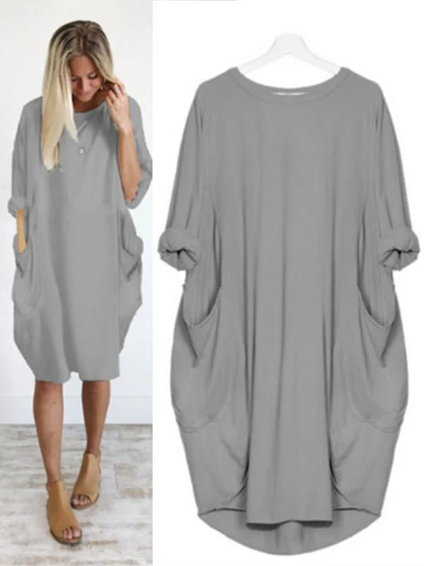 Casual loose pocket long sleeve dress-Mayoulove