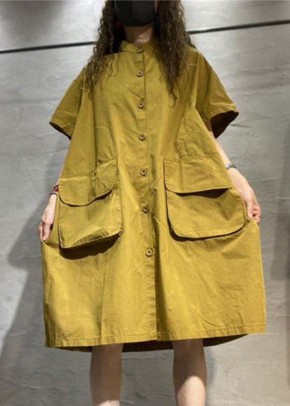 Organic Yellow Loose Button Pockets Fall Half Sleeve Maxi Dress CK2859- Fabulory
