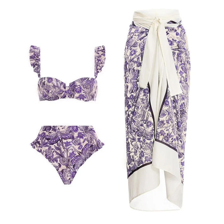 Dragonfly Printe Purple Swimsuit and Sarong Flaxmaker