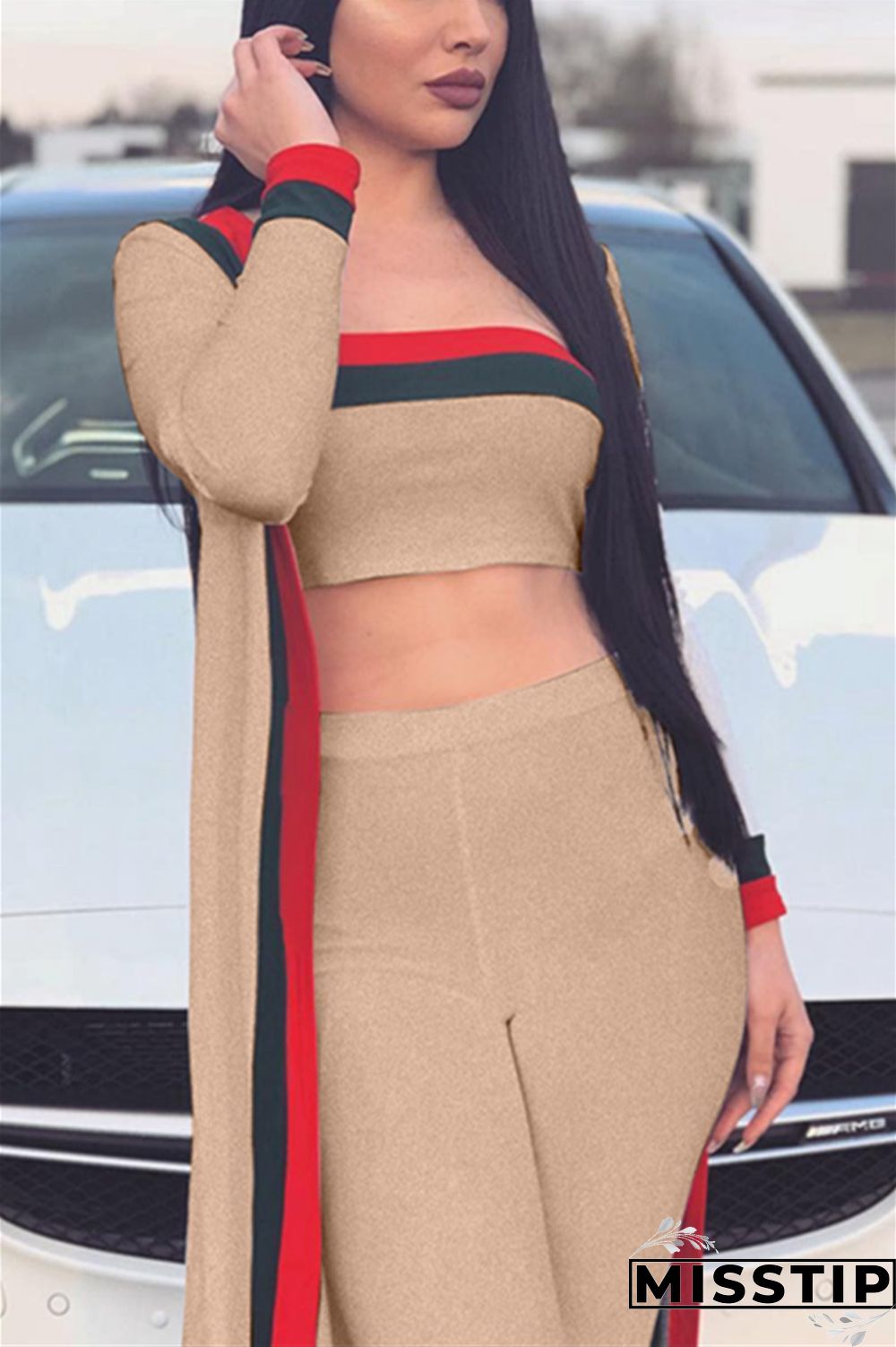 LightKhaki Casual Patchwork Blending Two-piece Pants Set(With The Coat)