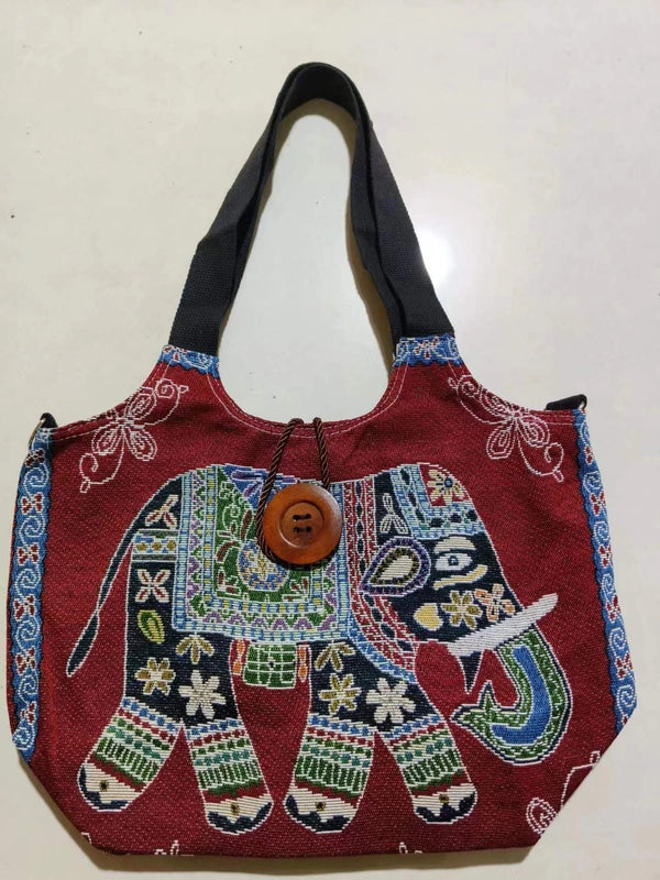 Women’s Large Canvas Elephant Ethnic Style Square Zipper Shoulder Bag