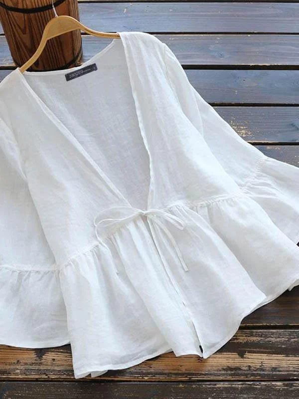 Ladies Casual Cardigan Lantern Sleeve Cotton Linen Top-Mayoulove
