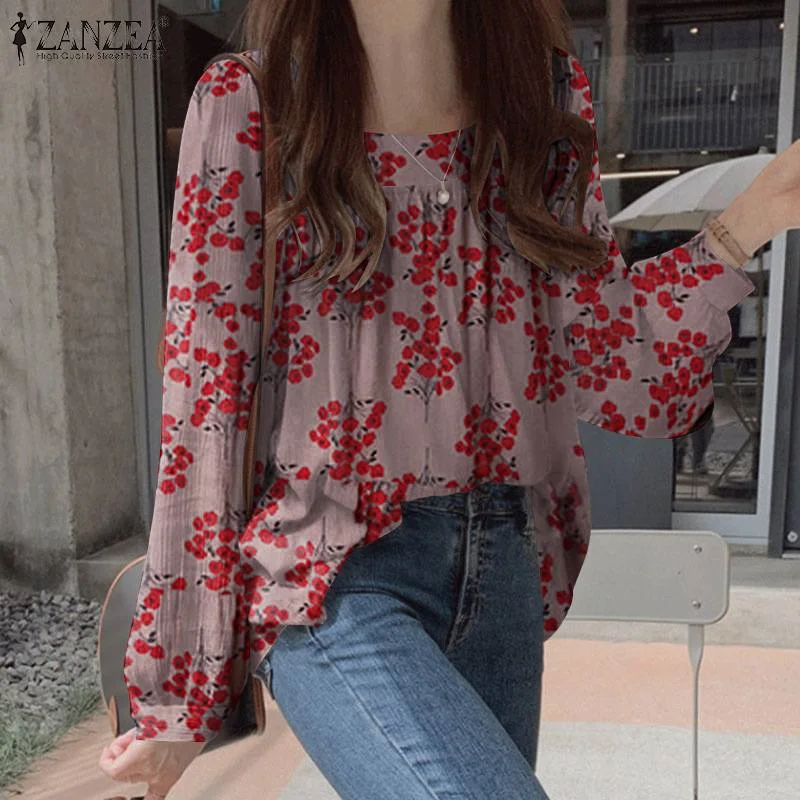 Oversized Women Autumn Blouses ZANZEA Retro Floral Tops Casual Puff Sleeve Blusas Female O Neck Tunic Bohemian Printed Chemise
