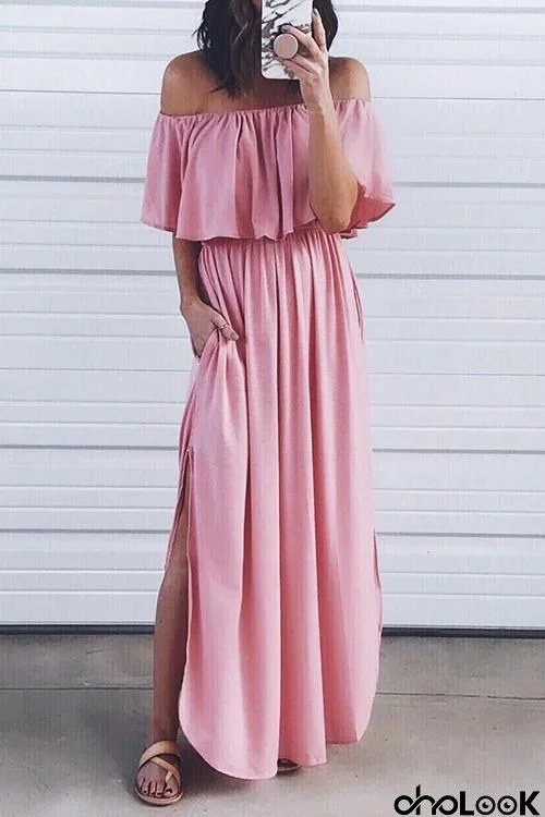 Off Shoulder Side Slit Maxi Dress