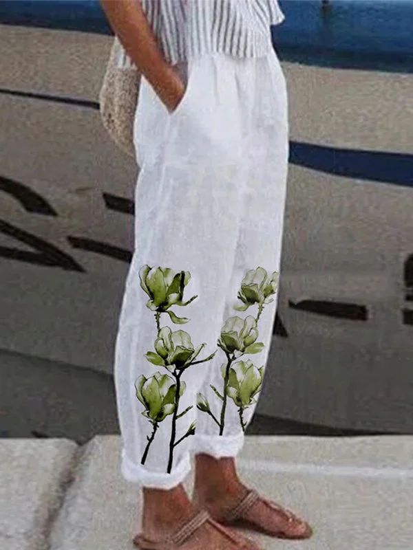 Women's Linen Flower Print Casual Pants