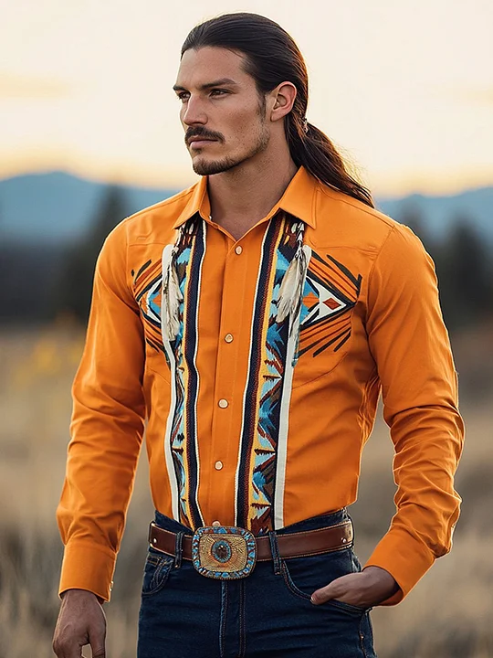 native american dress shirts Fire-Color Black Long-Sleeve Ribbon Shirt