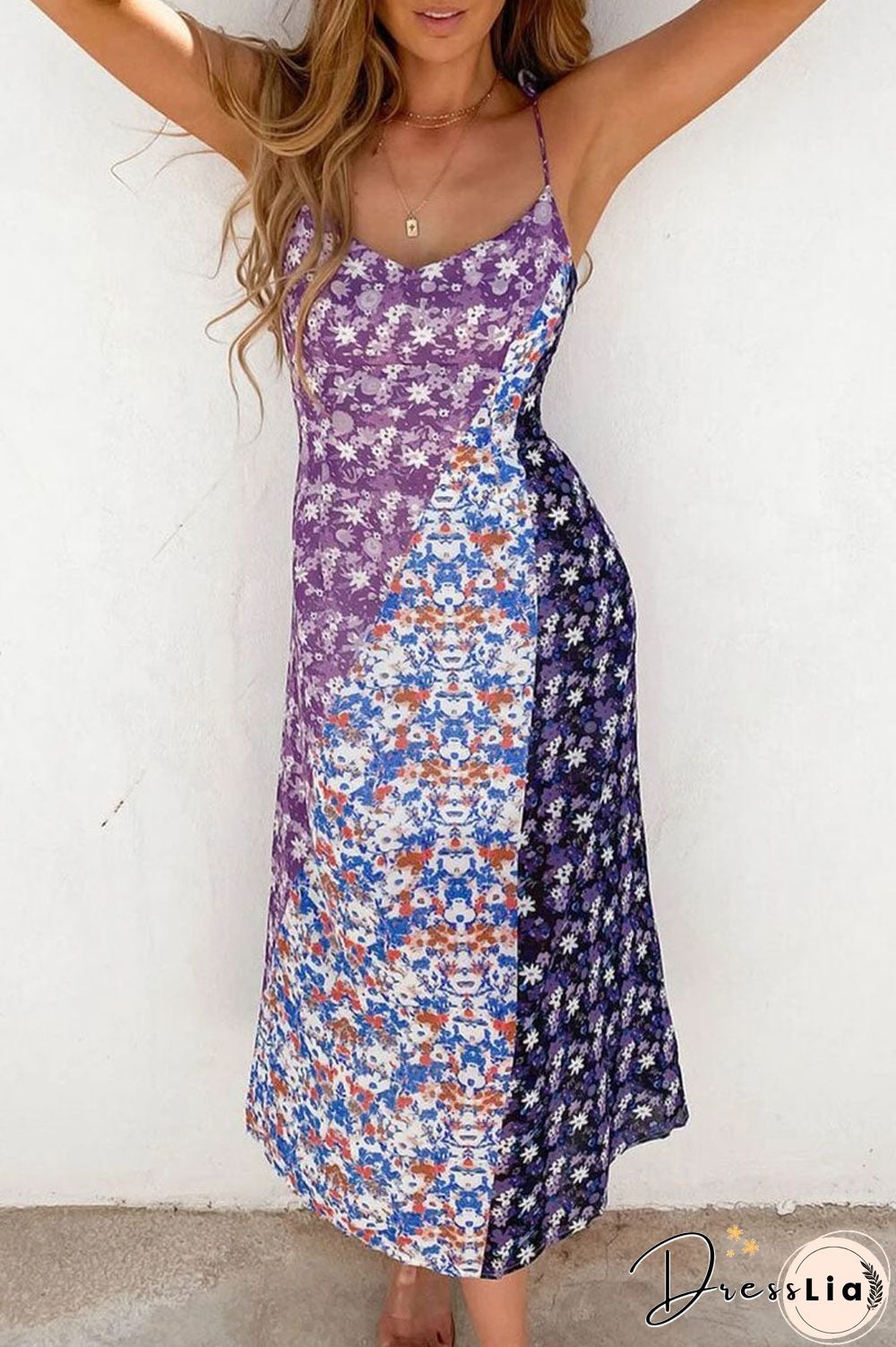 Fashion Street Print Split Joint Spaghetti Strap A Line Dresses