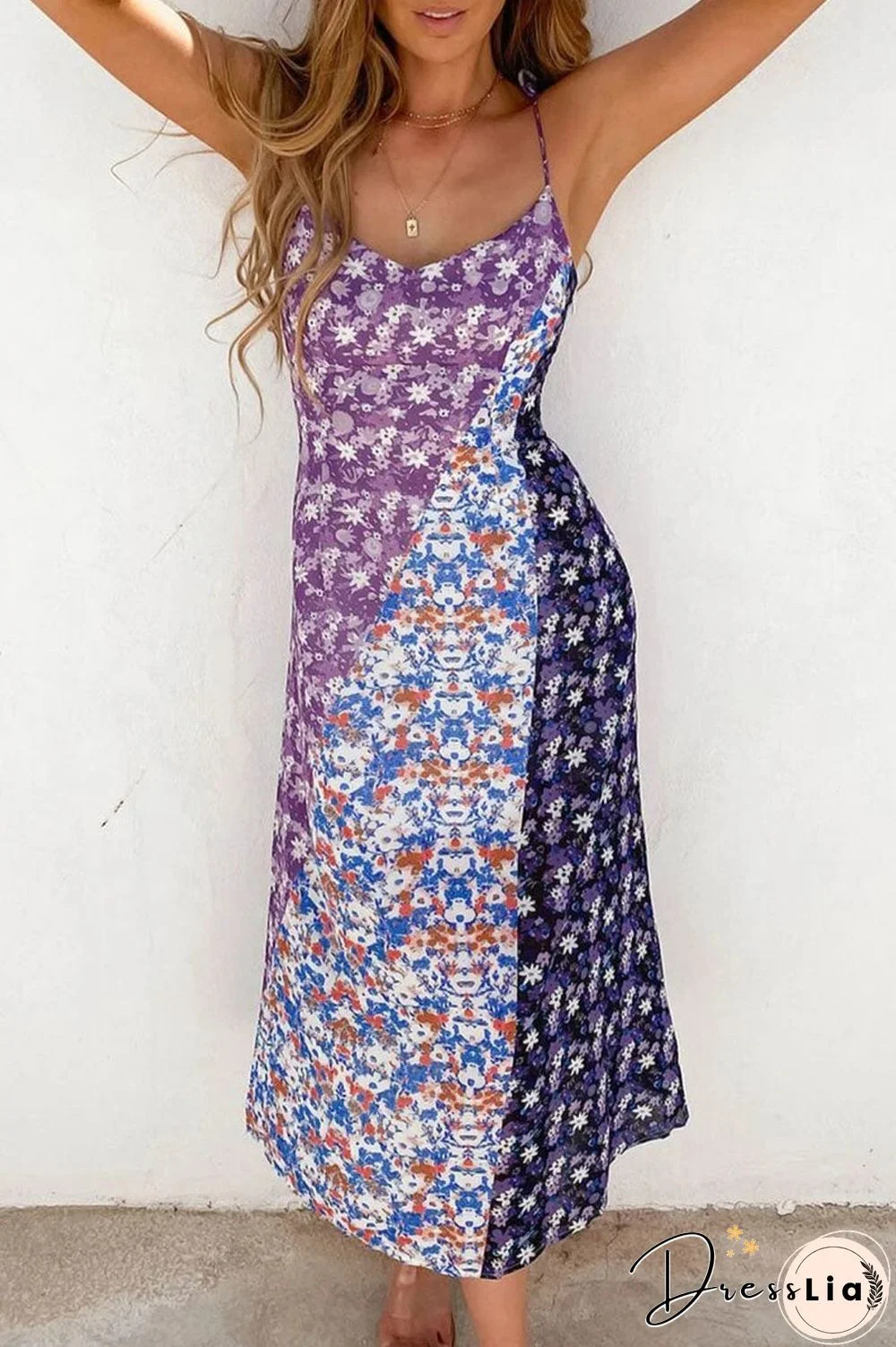 Fashion Street Print Split Joint Spaghetti Strap A Line Dresses