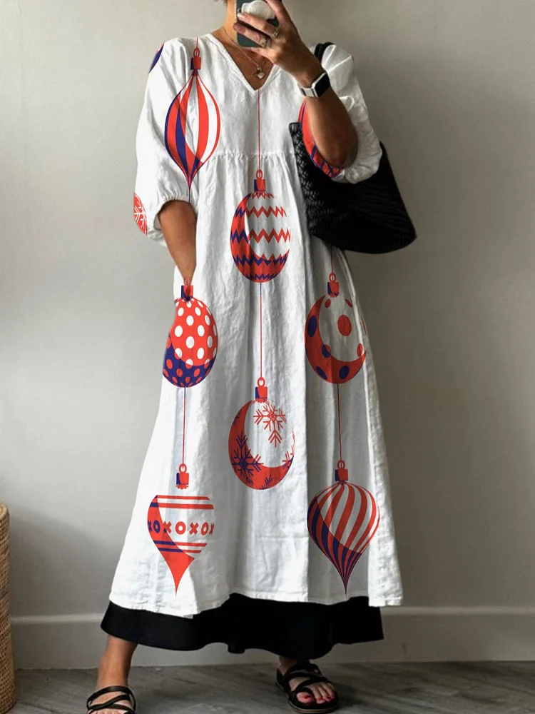 Christmas Red Round Hanging Ornaments Decorative Pattern Pocket V-neck Cotton Dress