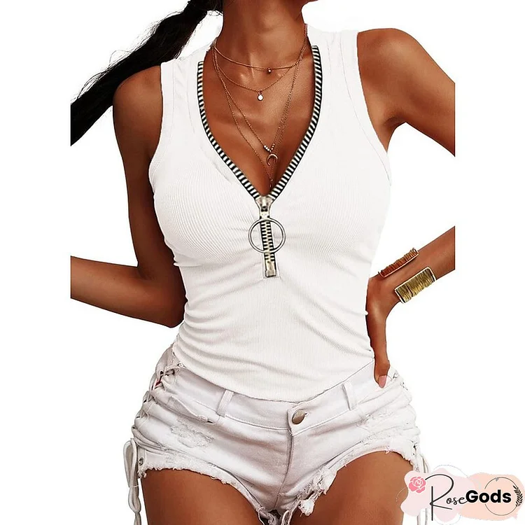 Summer Women's Threaded Zipper Slim Vest Top T-Shirt