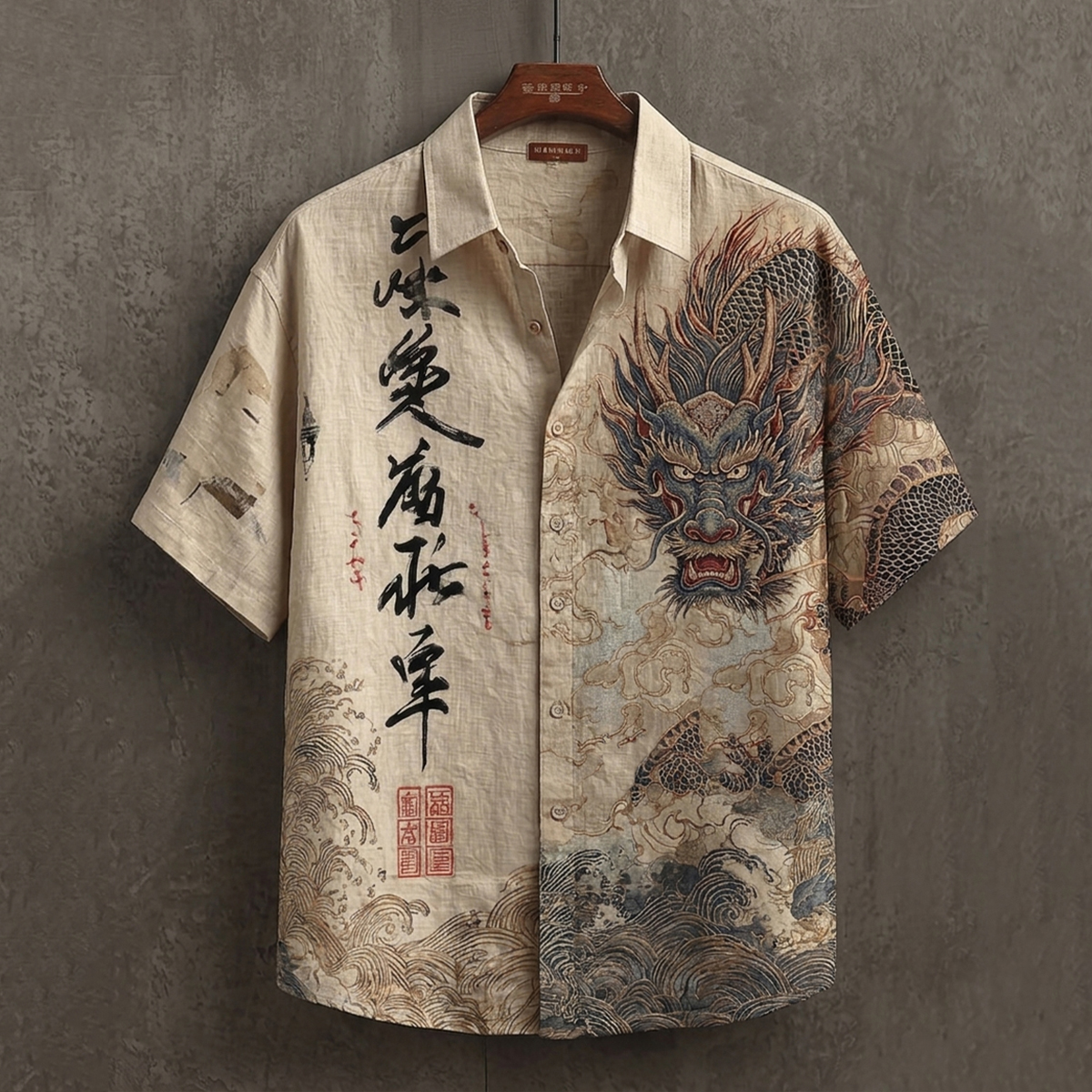 Men's Retro Dragon Wave Art Print Short Sleeve Shirt elevenforest