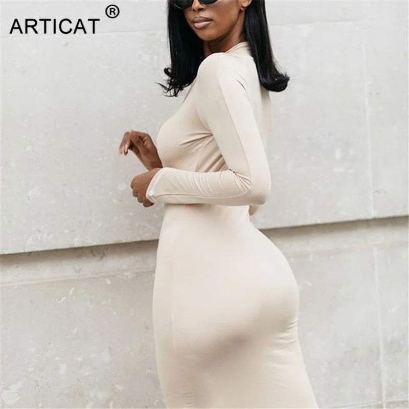 Articat Sexy Bandage Full Sleeve Party Dress Women Solid Color O-Neck Summer Maxi Bodycon Dresses For Ladies Autumn Vestidos