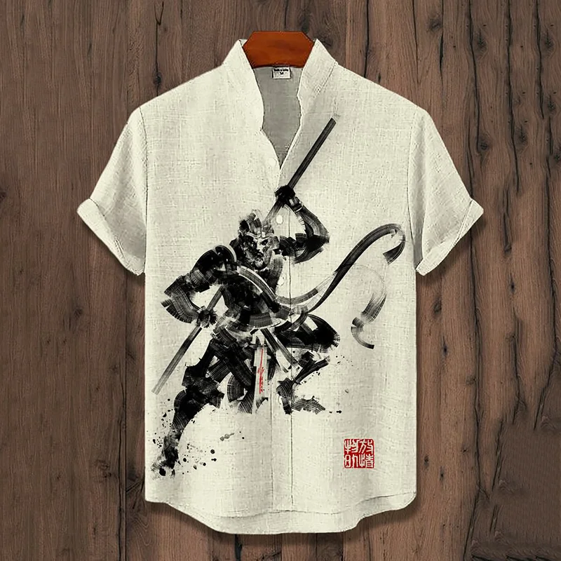 Men's Black Myth Wukong Dark Monkey Warrior Ink Painting Print Linen Blend Short Sleeve Shirt