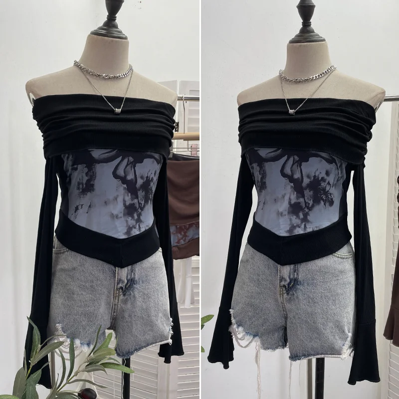 Uveng Real Shooting Maillard Wasteland Wind Word Shoulder Long-Sleeved Top Print Spliced Knitted Horn Sleeve Short T-Shirt 2663