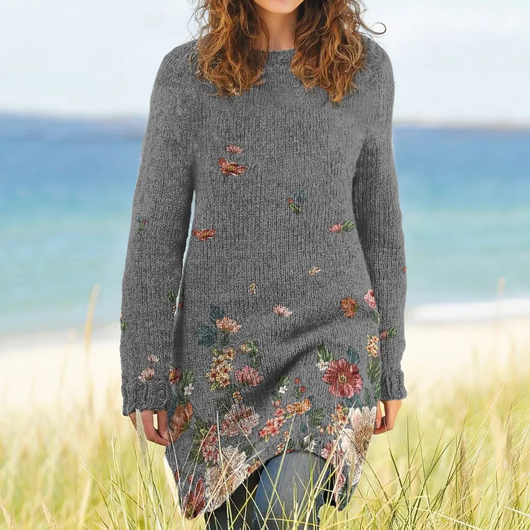 Utbros Casual Botanical Floral Wool Knit Dress