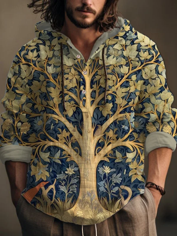 Men's Retro Boho Tree Of Life Natural Art Print Hooded Shirt