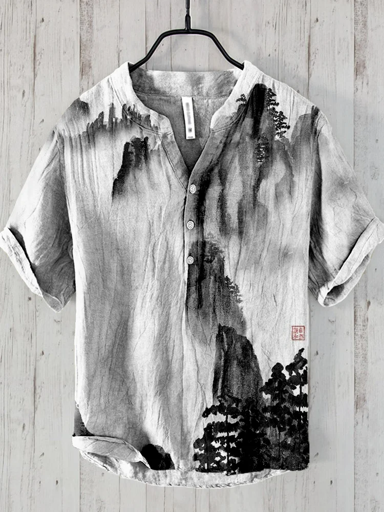 Japanese Sumi E Zen Feng Shui Art Linen Blend Shirt