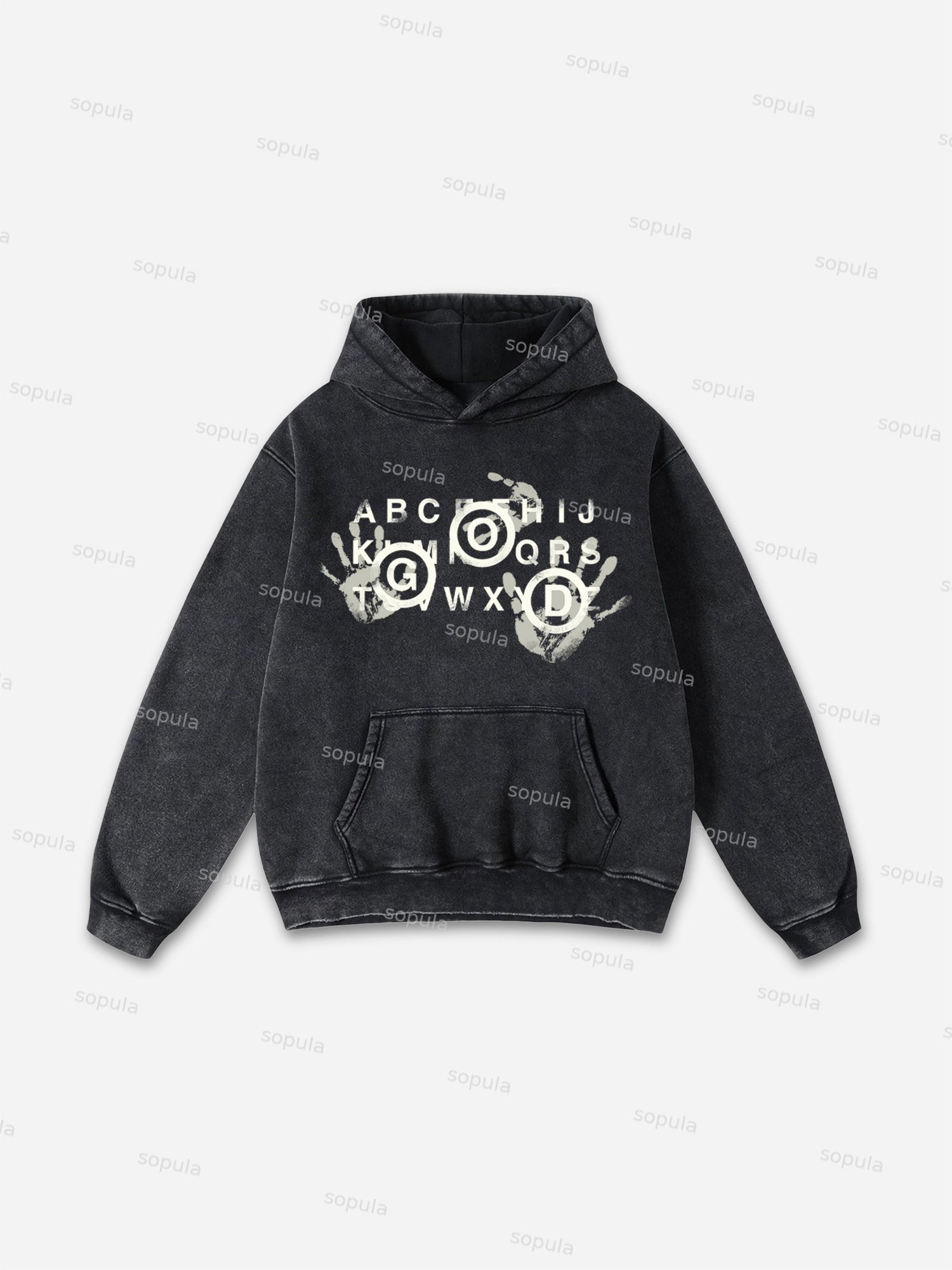 Old Alphabet Palm Figure Graphic Washed Hoodie - SOPULA