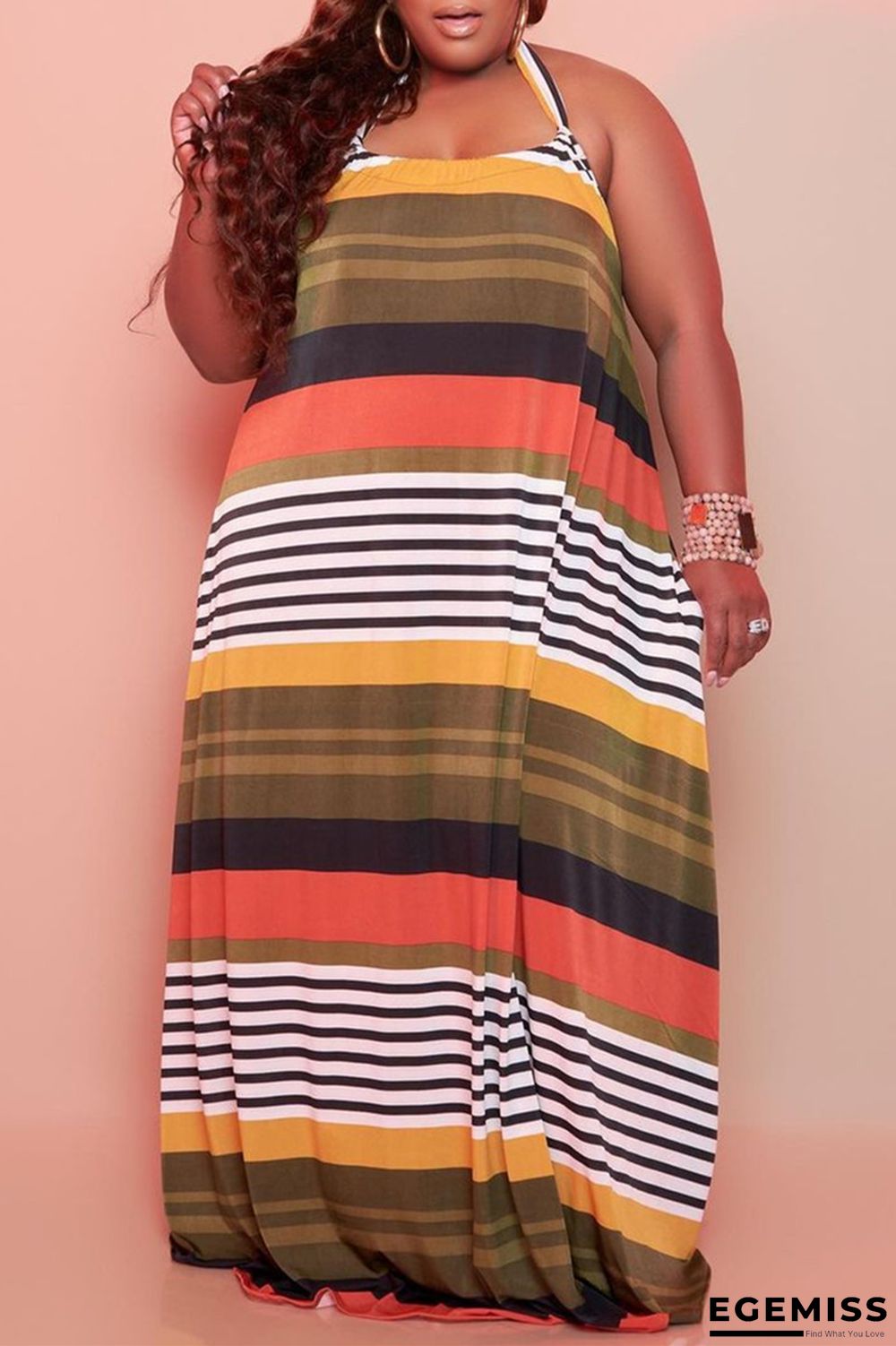 Red Fashion Sexy Plus Size Striped Print Backless Halter Sleeveless Dress | EGEMISS