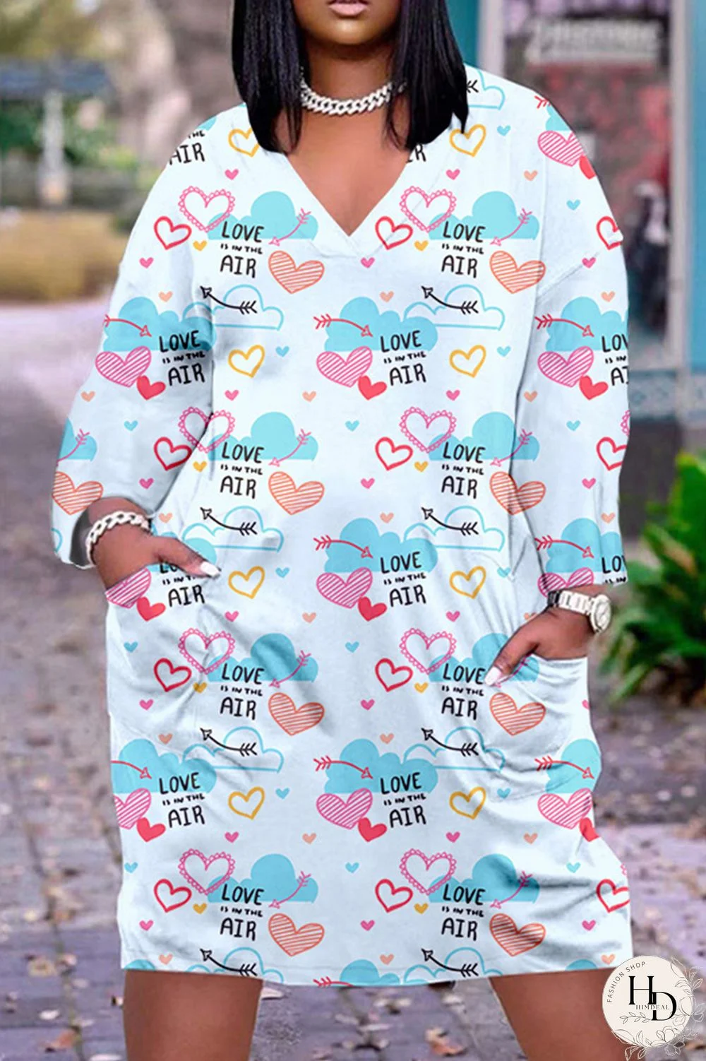 Deep Pink Casual Print Basic V Neck Long Sleeve Dresses