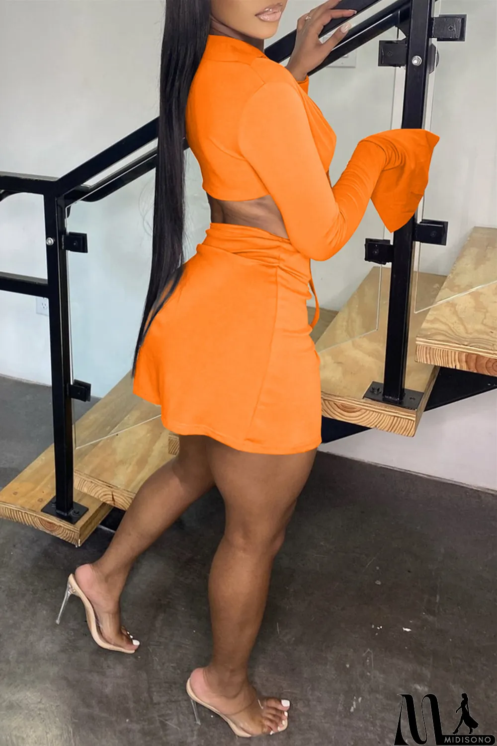 MidiSono - Khaki Sexy Casual Solid Bandage Slit V Neck Long Sleeve Two Pieces