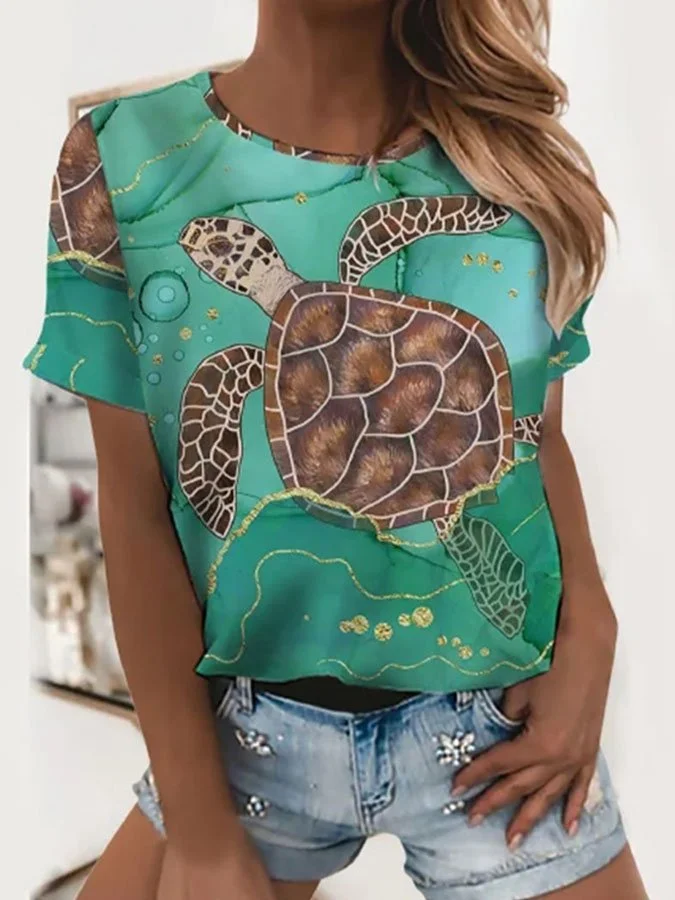 Turtle Print Short-Sleeved T-Shirt