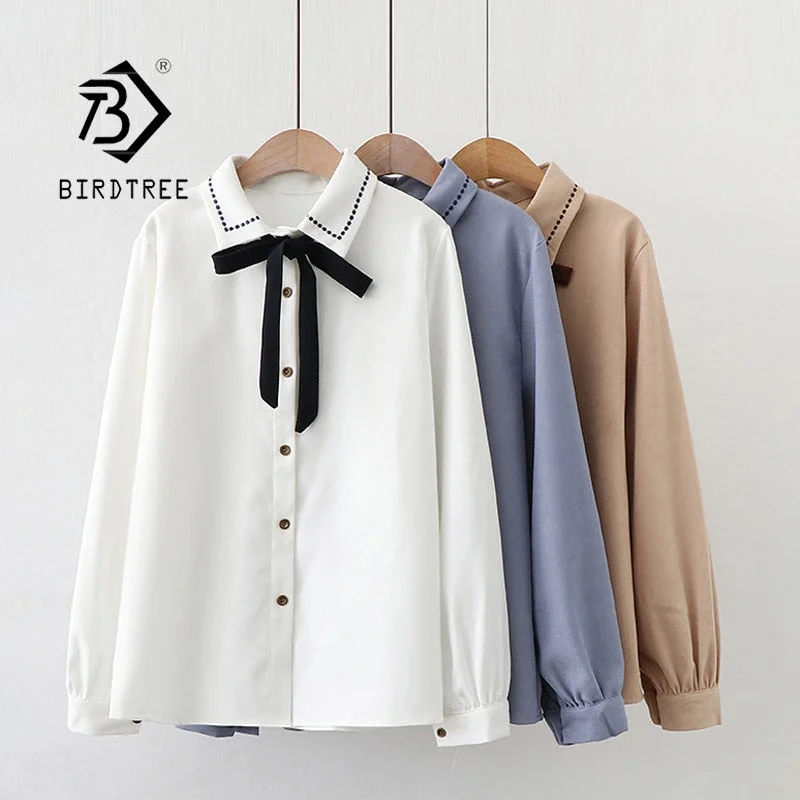 2021 Spring New Women Casual Bow Lace Up White Shirt Lantern Sleeve Blouse Autumn Solid Korean Sweet Cute Girls Tops T0D010F