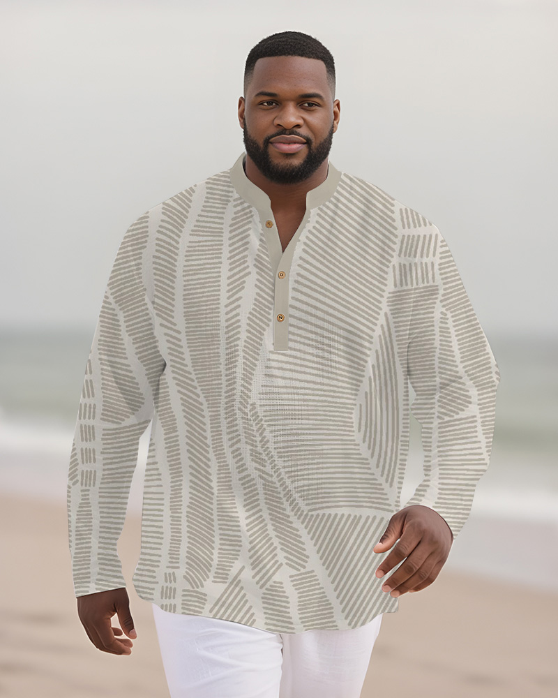 Big & Tall Men's Light Gray Leaf Print Bamboo Hemp Texture Henry Collar Long Sleeve Shirt