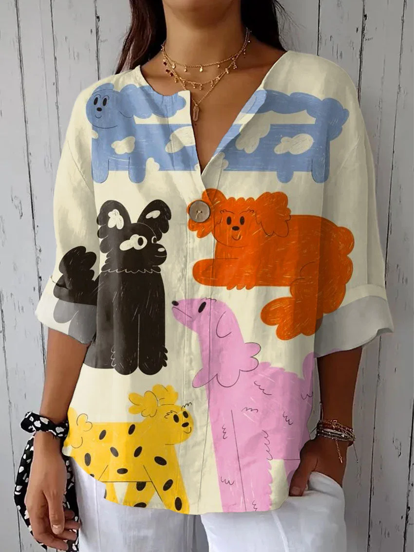 Women's Funny Dogs Art Print Casual Cotton Linen Shirt