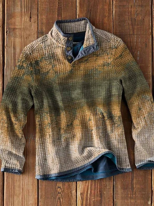 Men's Waffle Collar Printed Long Sleeve T-Shirt