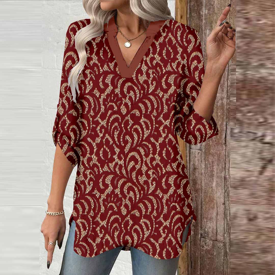 Women Floral,  Red,  Brown DZGA0433 3/4 Sleeve V-neck Printed Graphic Button Tops