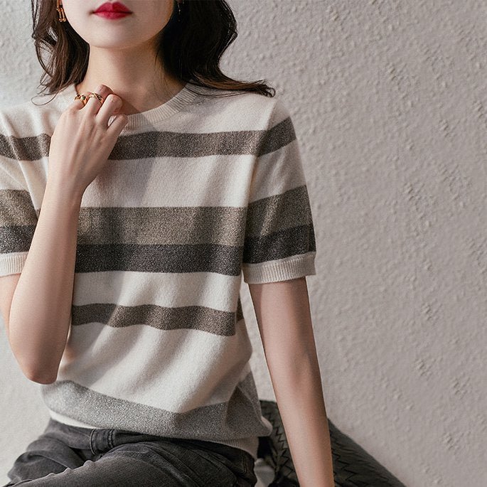 As Picture Knitted Short Sleeve Stripes Shirts & Tops