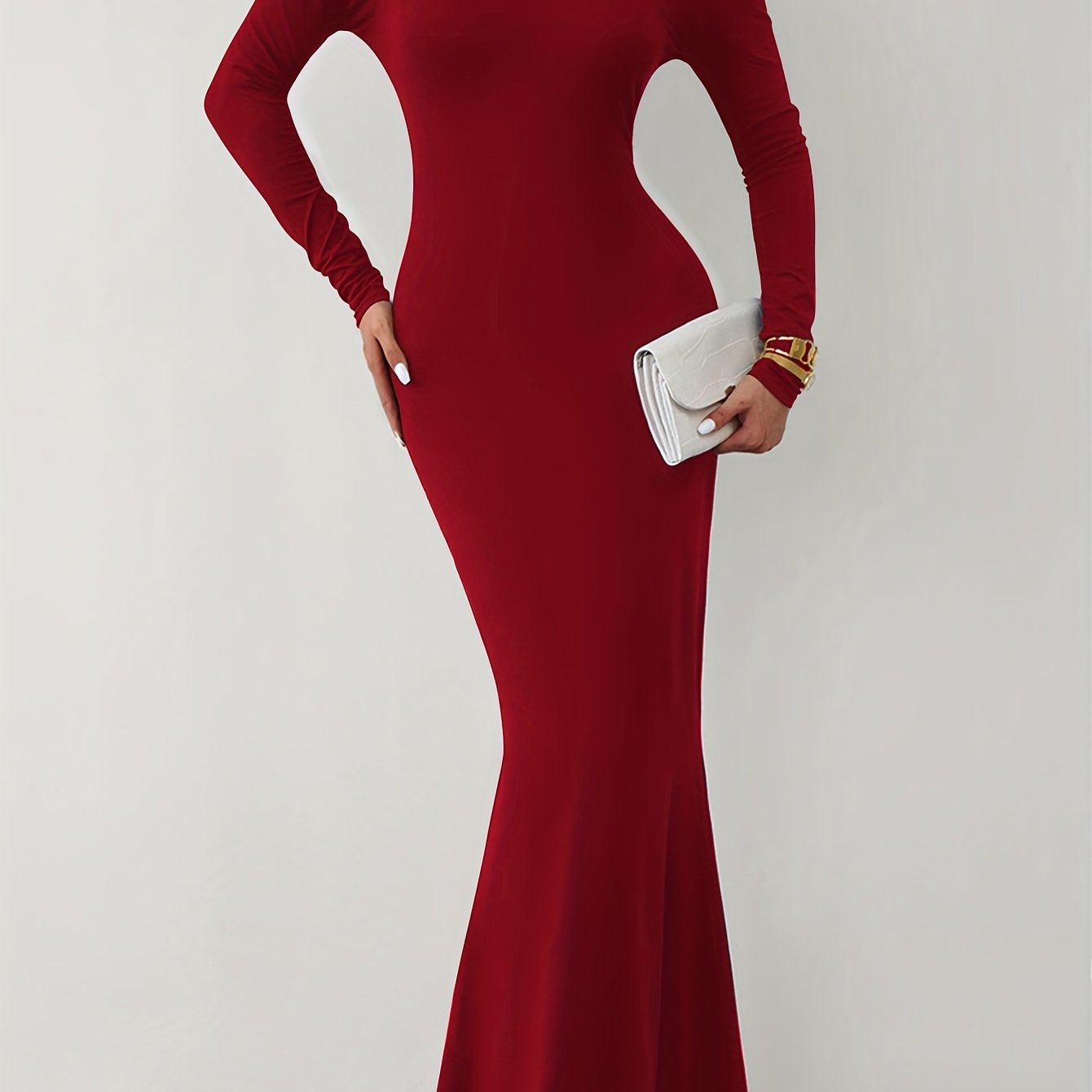 Off-shoulder Slim Mermaid Dress, Elegant Long Sleeve Dress For Party & Banquet, Women's Clothing